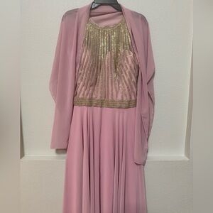 ELIZABETH K Elegant Pink Dress with Gold Accents/Scarf